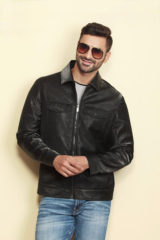 Men's Faux Leather Trucker Jacket