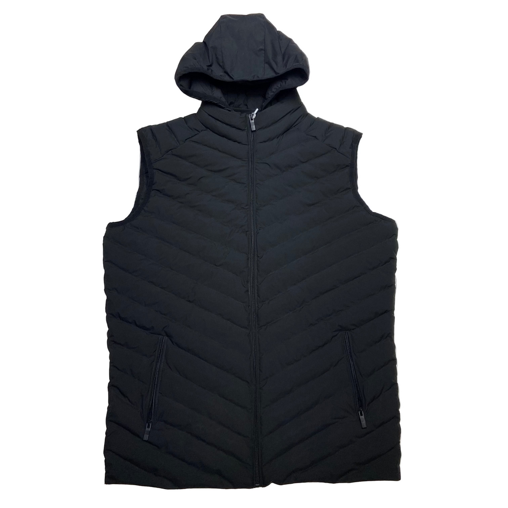 Black puffer vest with a hood on a white background
