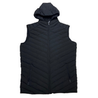 Black puffer vest with a hood on a white background