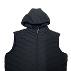 Black puffer vest with a hood on a white background