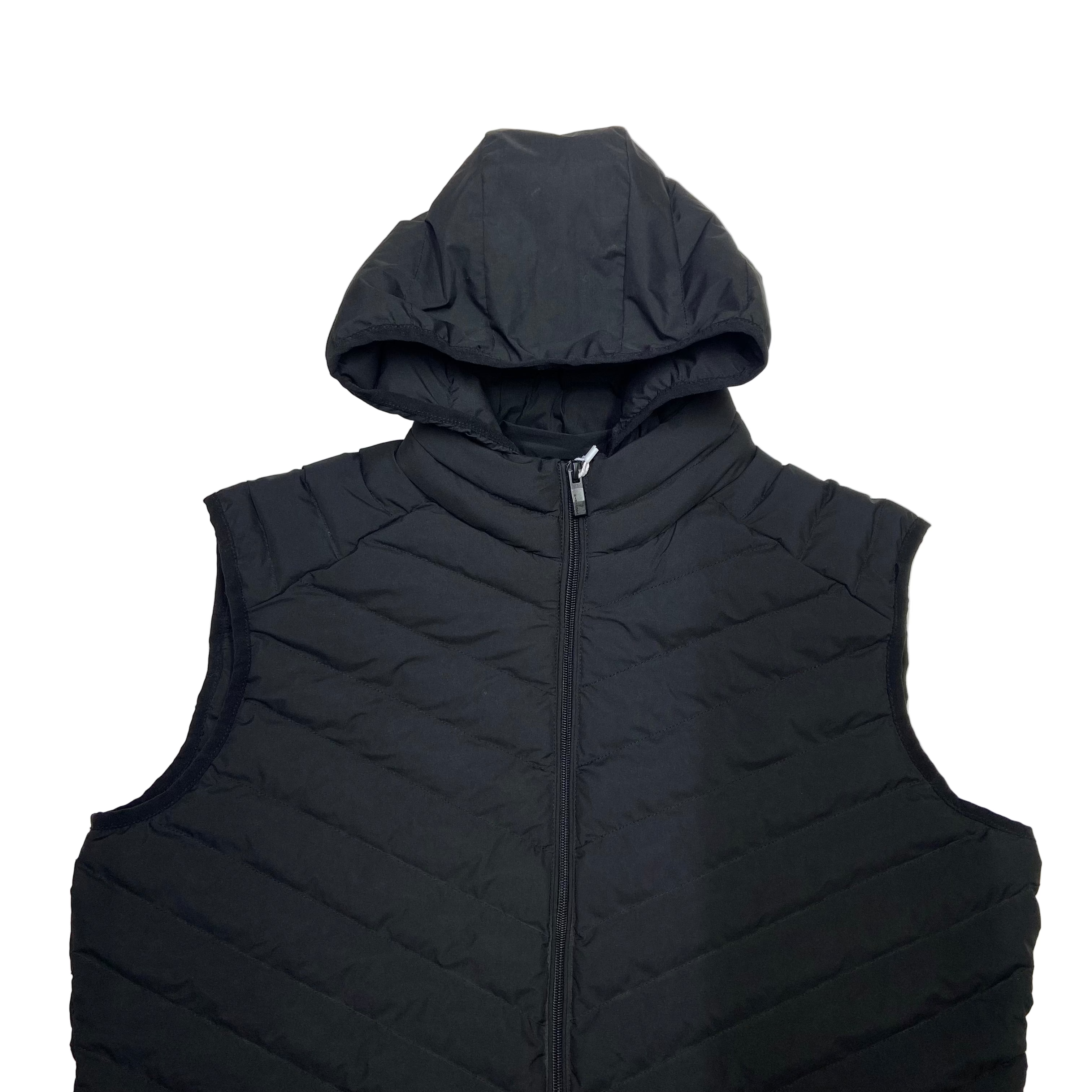Black puffer vest with a hood on a white background