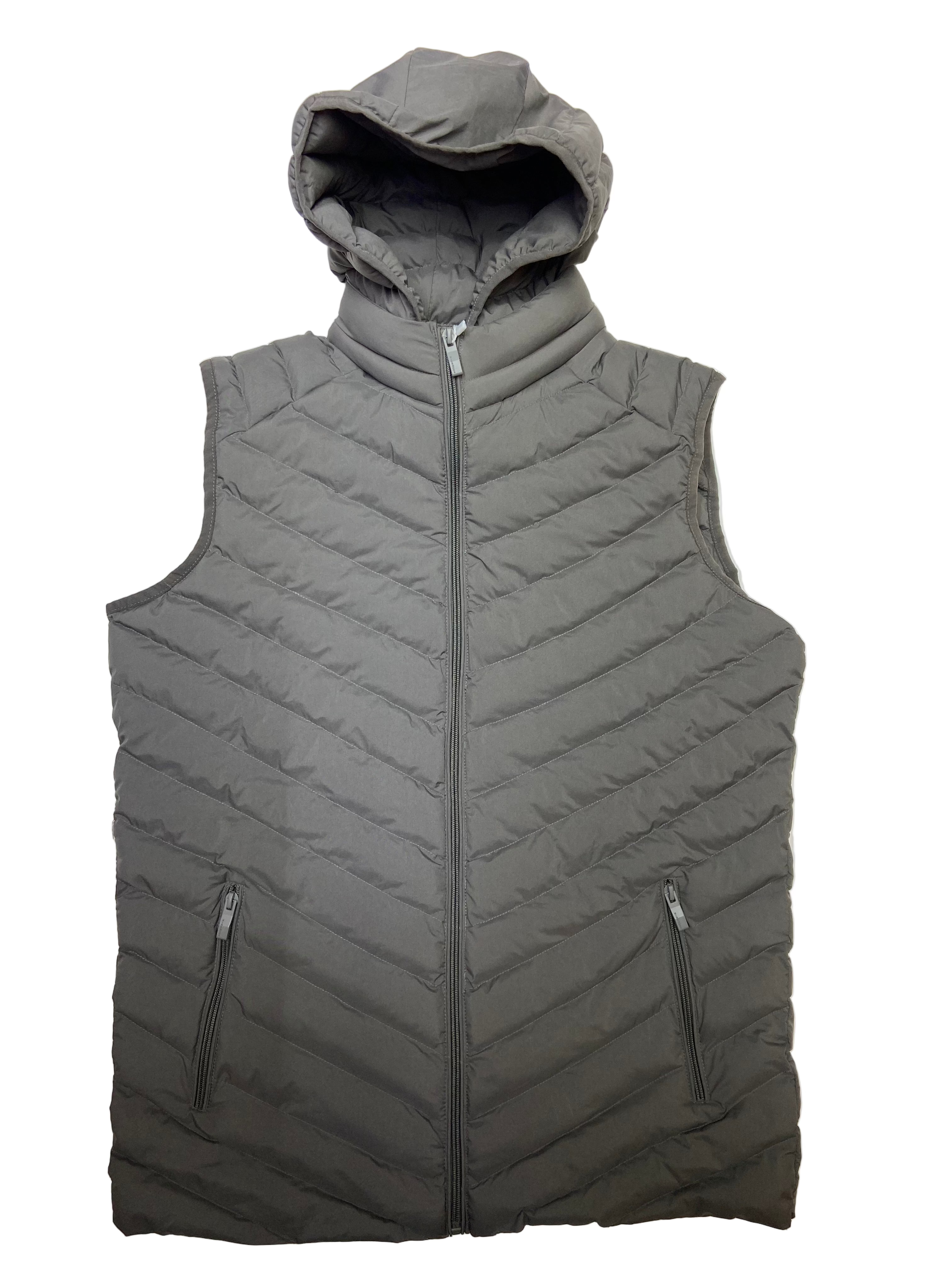Gray puffer vest with a hood on a white background