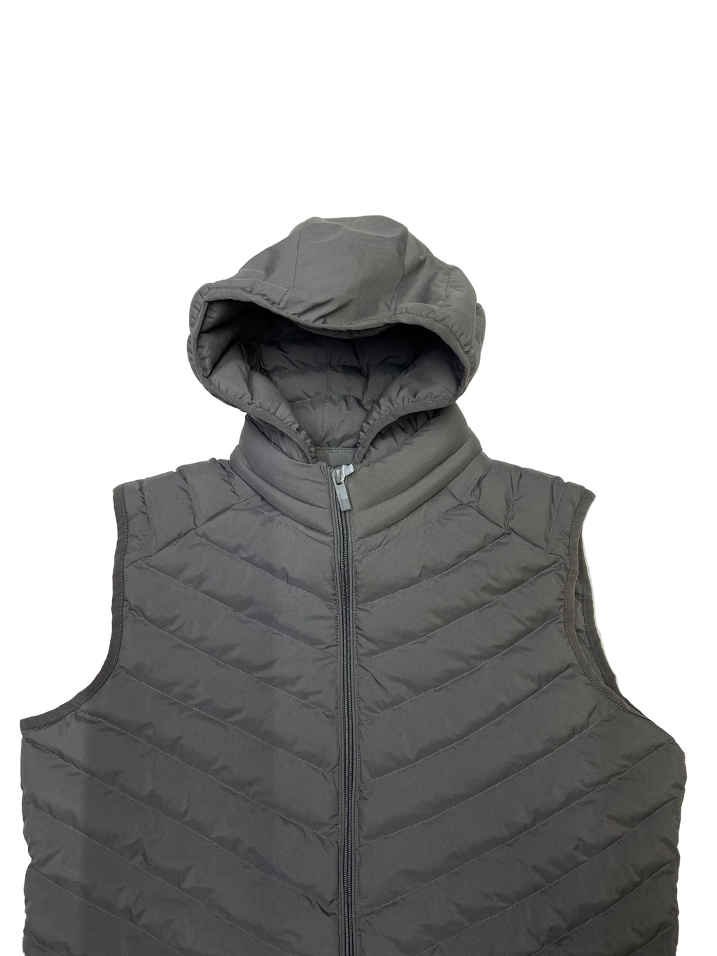 Gray puffer vest with a hood on a white background