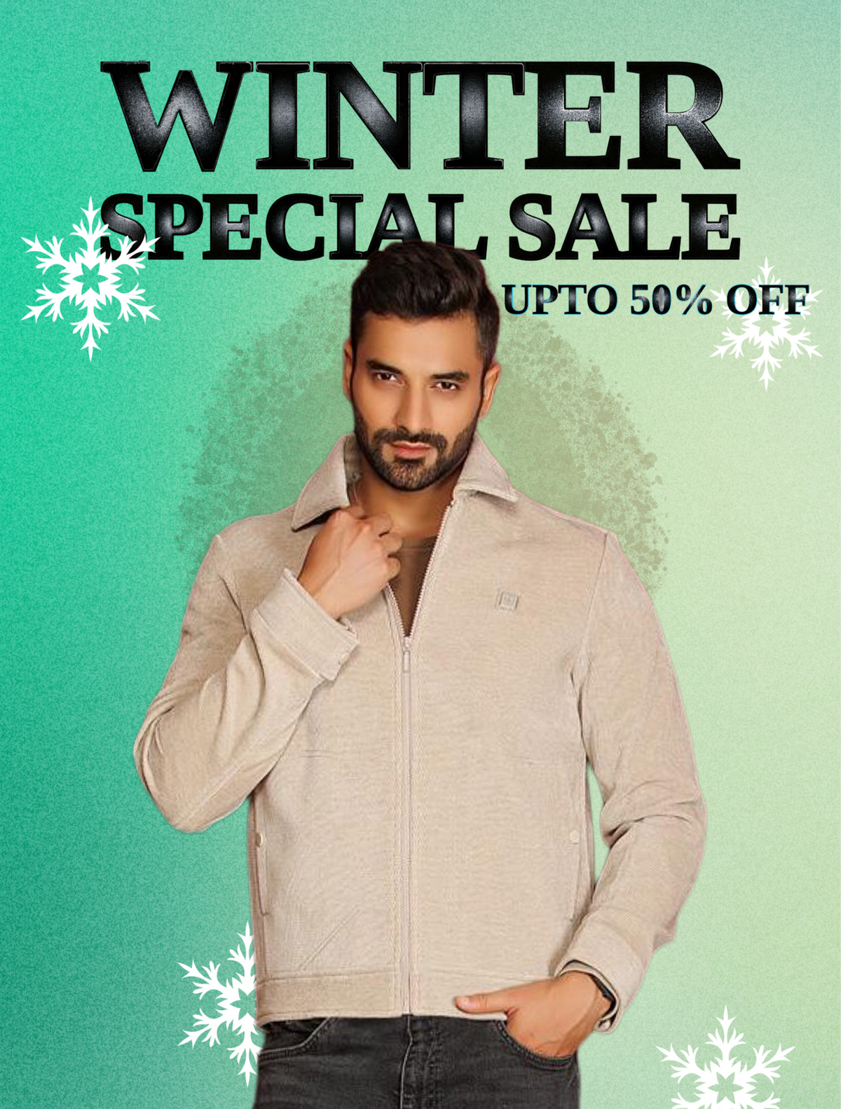 Man wearing a beige jacket with snowflake graphics and text for a winter sale on a green background.