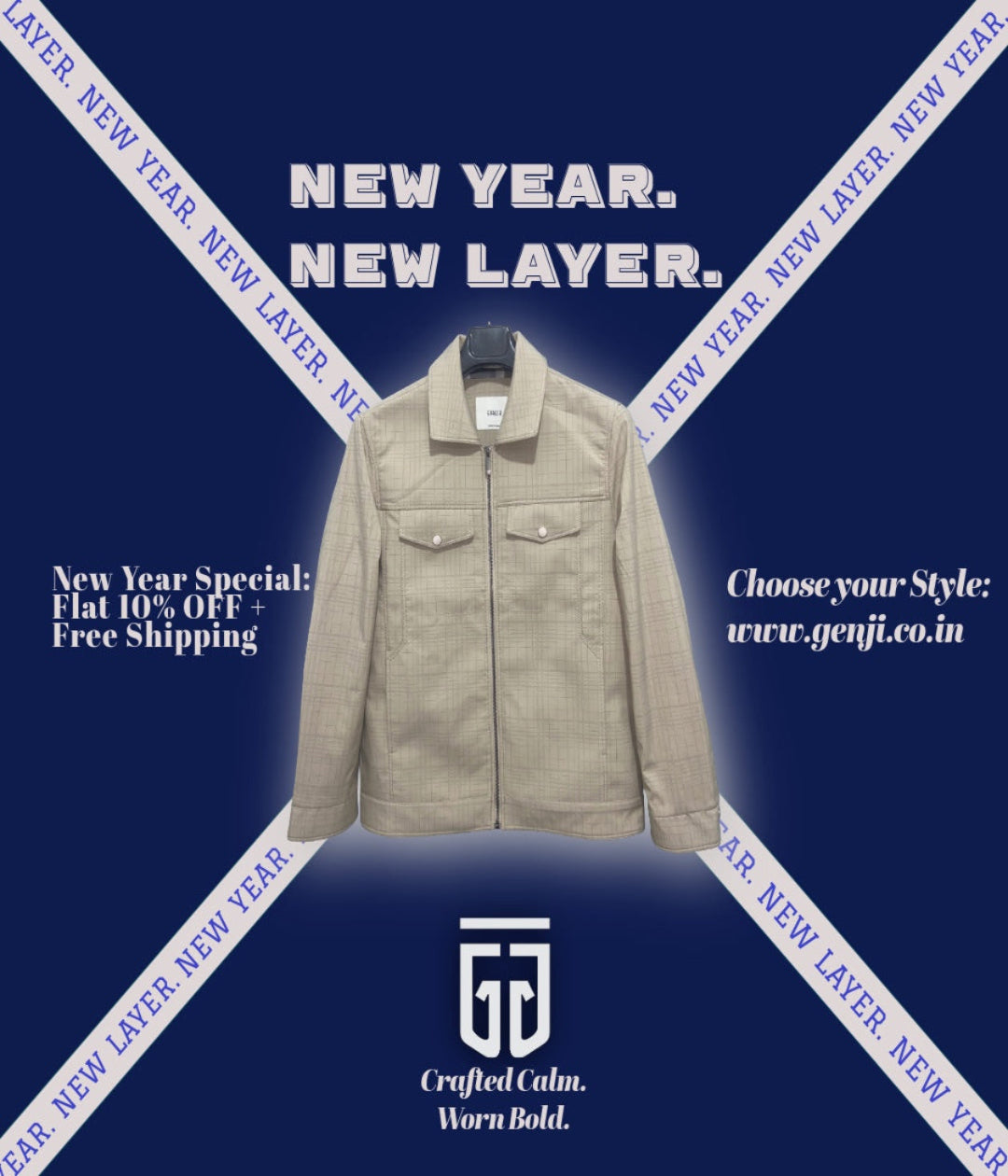 Beige jacket on a dark blue background with promotional text and branding.