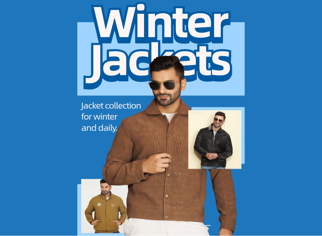 GenJi winter jackets with a man wearing a brown shacket with two more model wearing a black Faux Leather shacket and mustard Cotton Twill Jackets with stylish patches depicting airforce on a blue background.