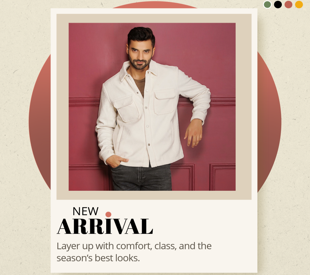 Man wearing a white shirt against a red wall showing 'New Arrival'.